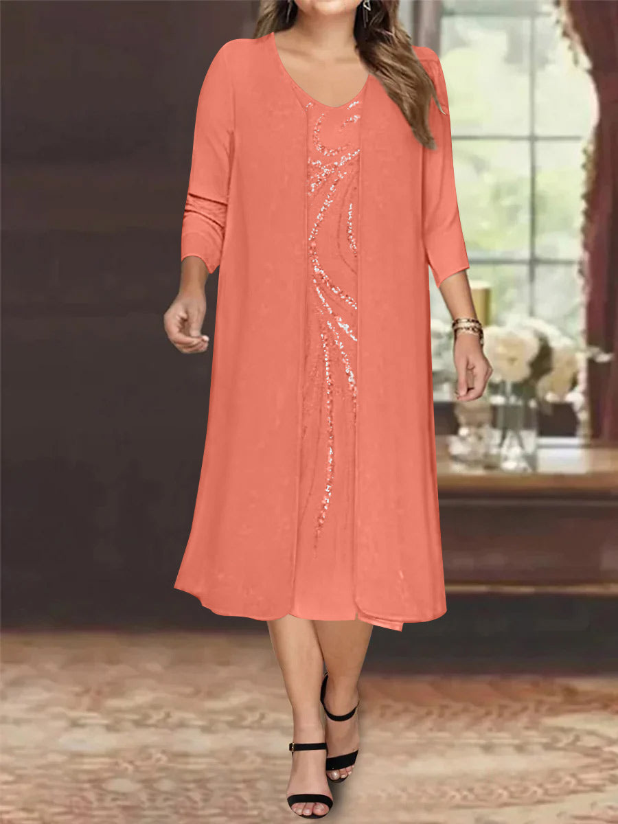Robe de Mère de la Mariée Grande Taille à Manches Longues et Col en V avec Veste et Paillettes