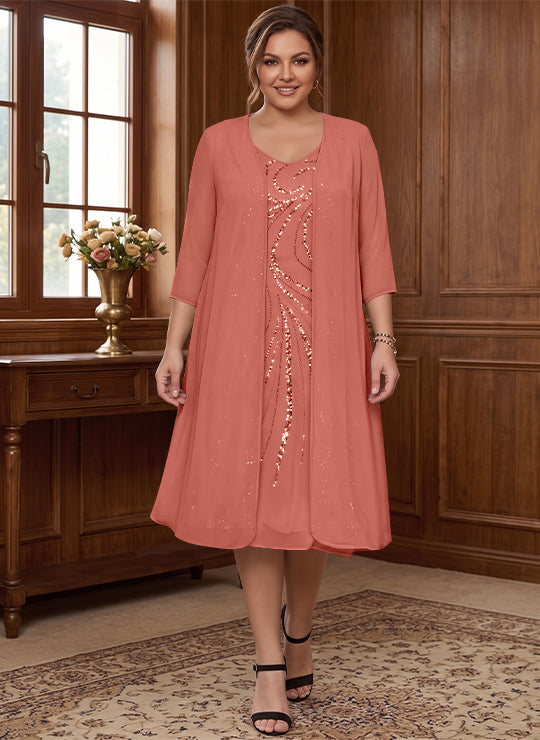Robe de Mère de la Mariée Grande Taille à Manches Longues et Col en V avec Veste et Paillettes