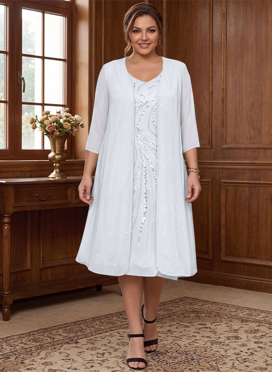 Robe de Mère de la Mariée Grande Taille à Manches Longues et Col en V avec Veste et Paillettes
