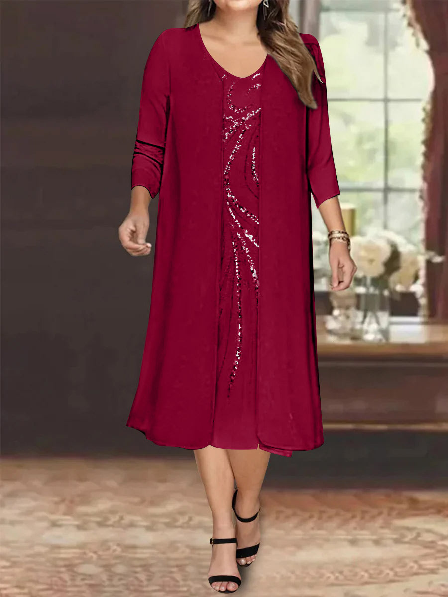 Robe de Mère de la Mariée Grande Taille à Manches Longues et Col en V avec Veste et Paillettes