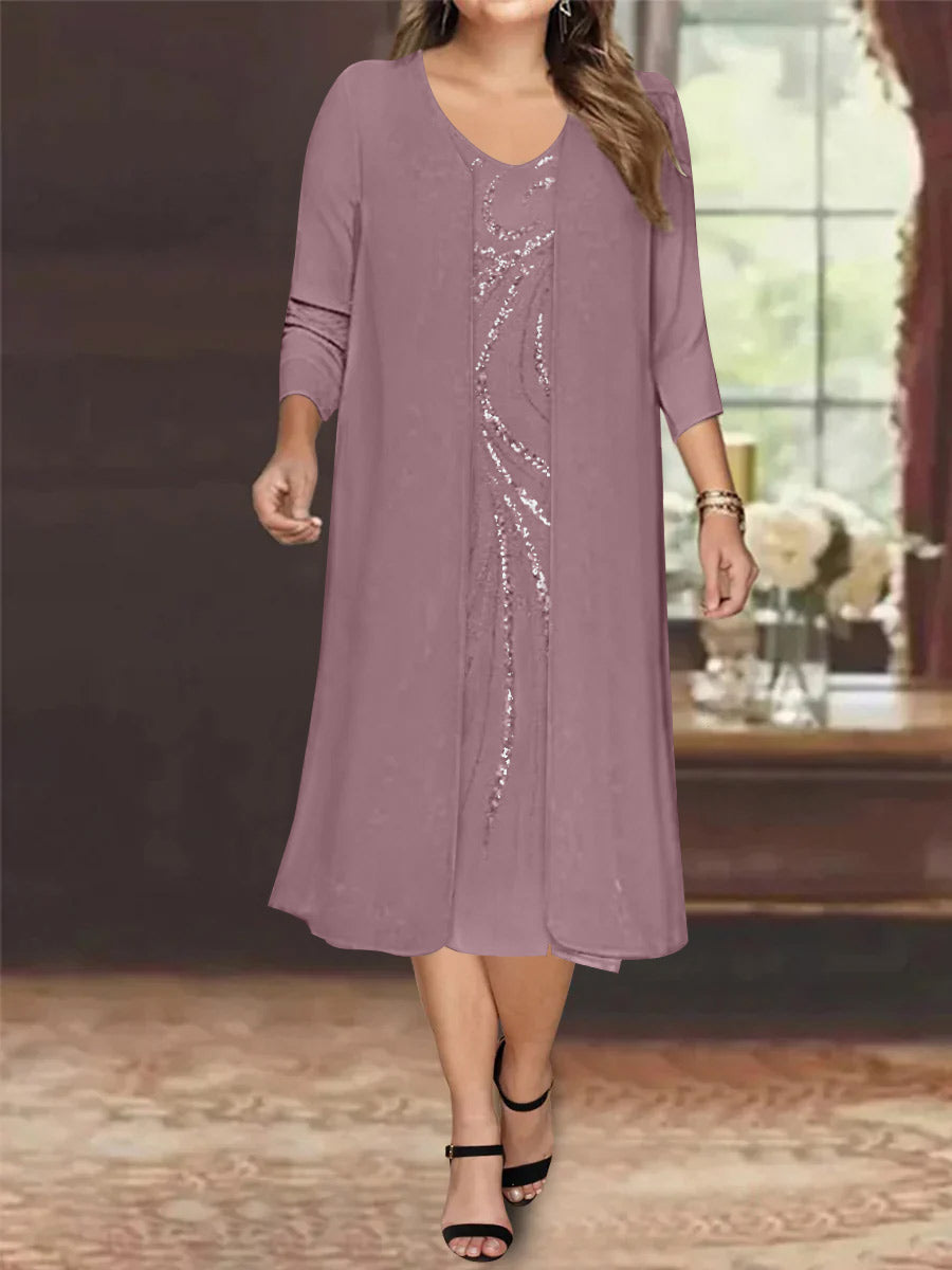 Robe de Mère de la Mariée Grande Taille à Manches Longues et Col en V avec Veste et Paillettes