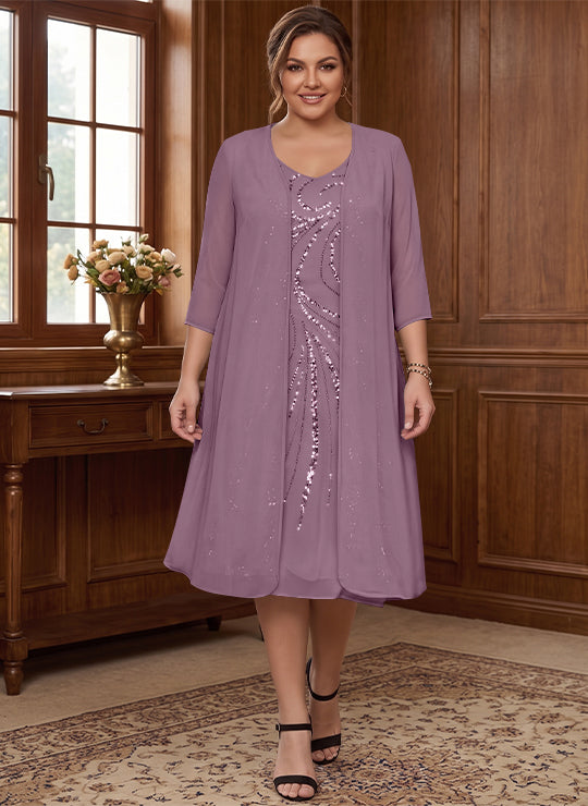 Robe de Mère de la Mariée Grande Taille à Manches Longues et Col en V avec Veste et Paillettes