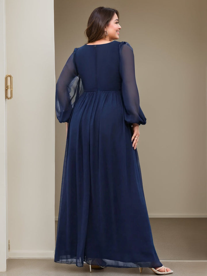 Robe de Mère de la Mariée Coupe A-Line/Princess à Col en V et Manches Longues, Longueur Au Sol, avec Volants