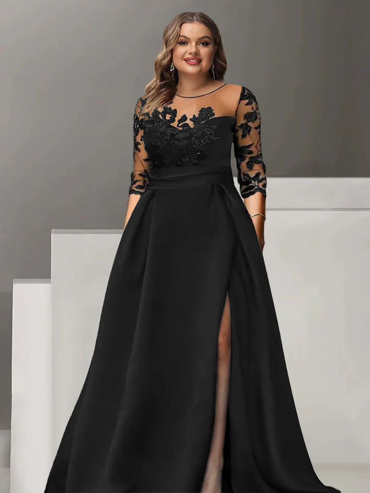 Robe de Mère de la Mariée Grande Taille, Coupe A-Line/Princess, Manches 3/4, Longueur Au Sol, avec Dentelle et Fente Sur le Côté