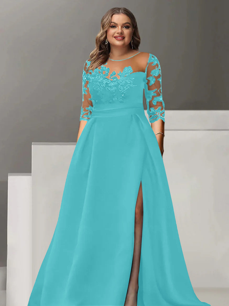 Robe de Mère de la Mariée Grande Taille, Coupe A-Line/Princess, Manches 3/4, Longueur Au Sol, avec Dentelle et Fente Sur le Côté