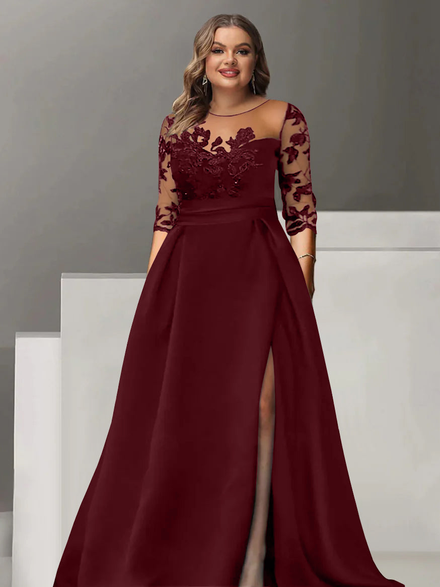 Robe de Mère de la Mariée Grande Taille, Coupe A-Line/Princess, Manches 3/4, Longueur Au Sol, avec Dentelle et Fente Sur le Côté