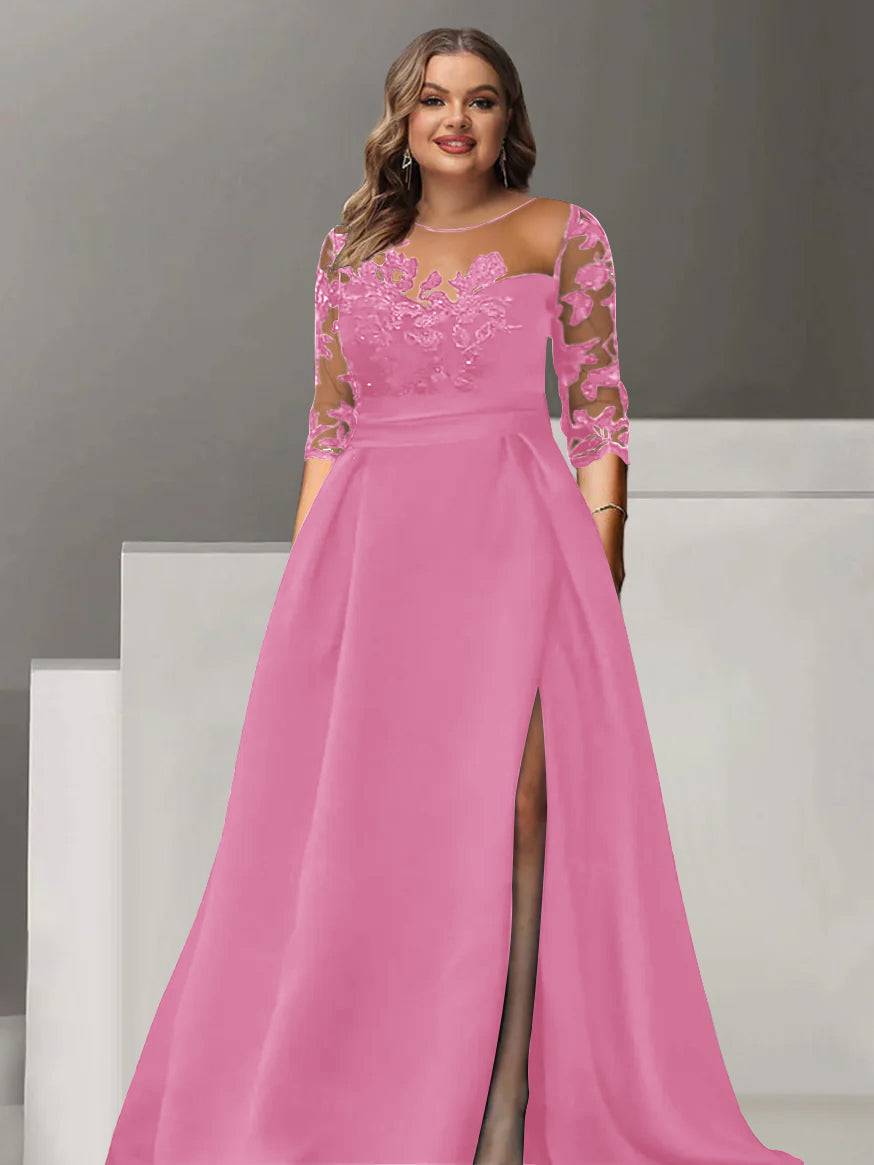 Robe de Mère de la Mariée Grande Taille, Coupe A-Line/Princess, Manches 3/4, Longueur Au Sol, avec Dentelle et Fente Sur le Côté