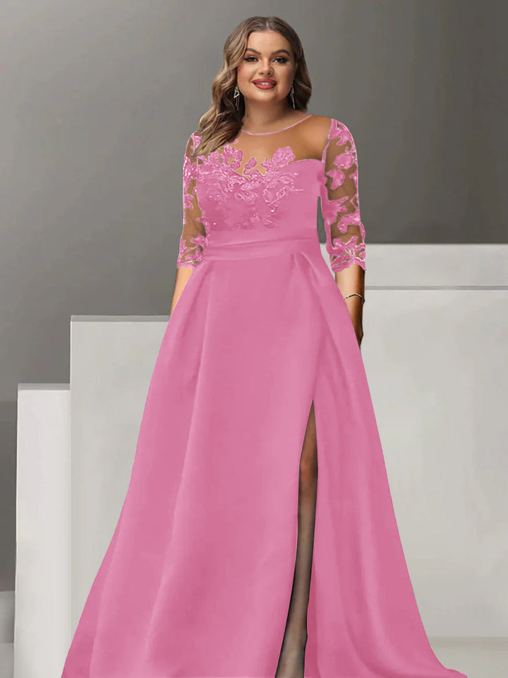 Robe de Mère de la Mariée Grande Taille, Coupe A-Line/Princess, Manches 3/4, Longueur Au Sol, avec Dentelle et Fente Sur le Côté