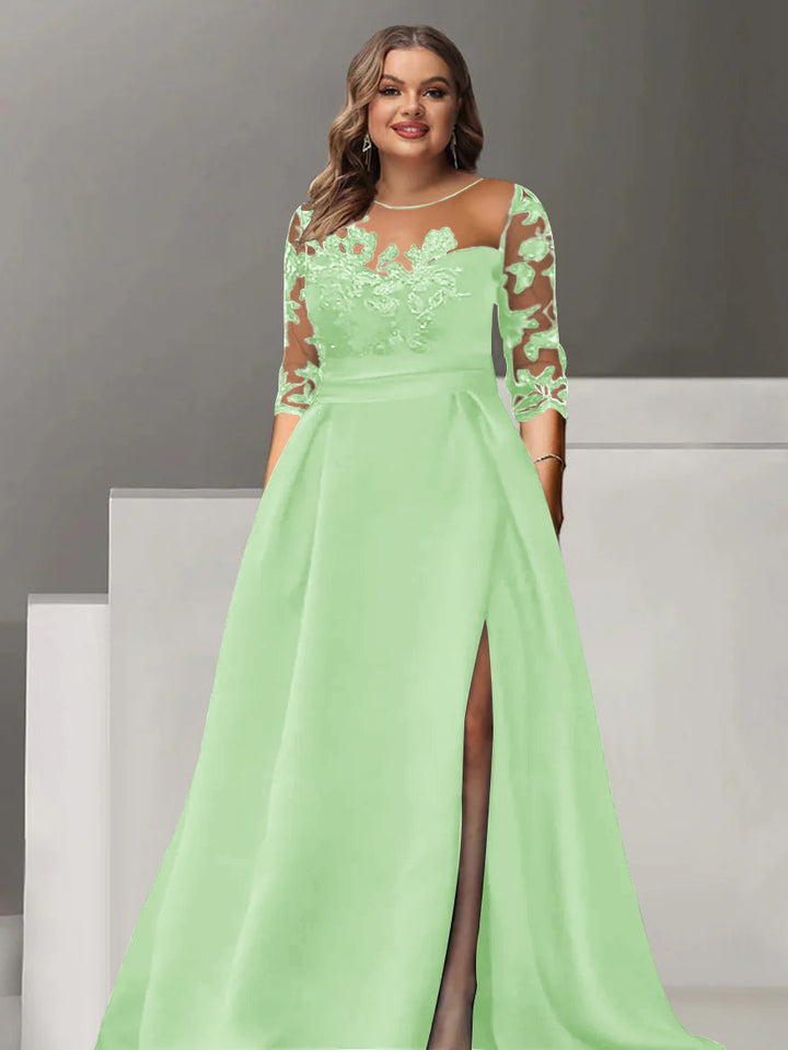 Robe de Mère de la Mariée Grande Taille, Coupe A-Line/Princess, Manches 3/4, Longueur Au Sol, avec Dentelle et Fente Sur le Côté