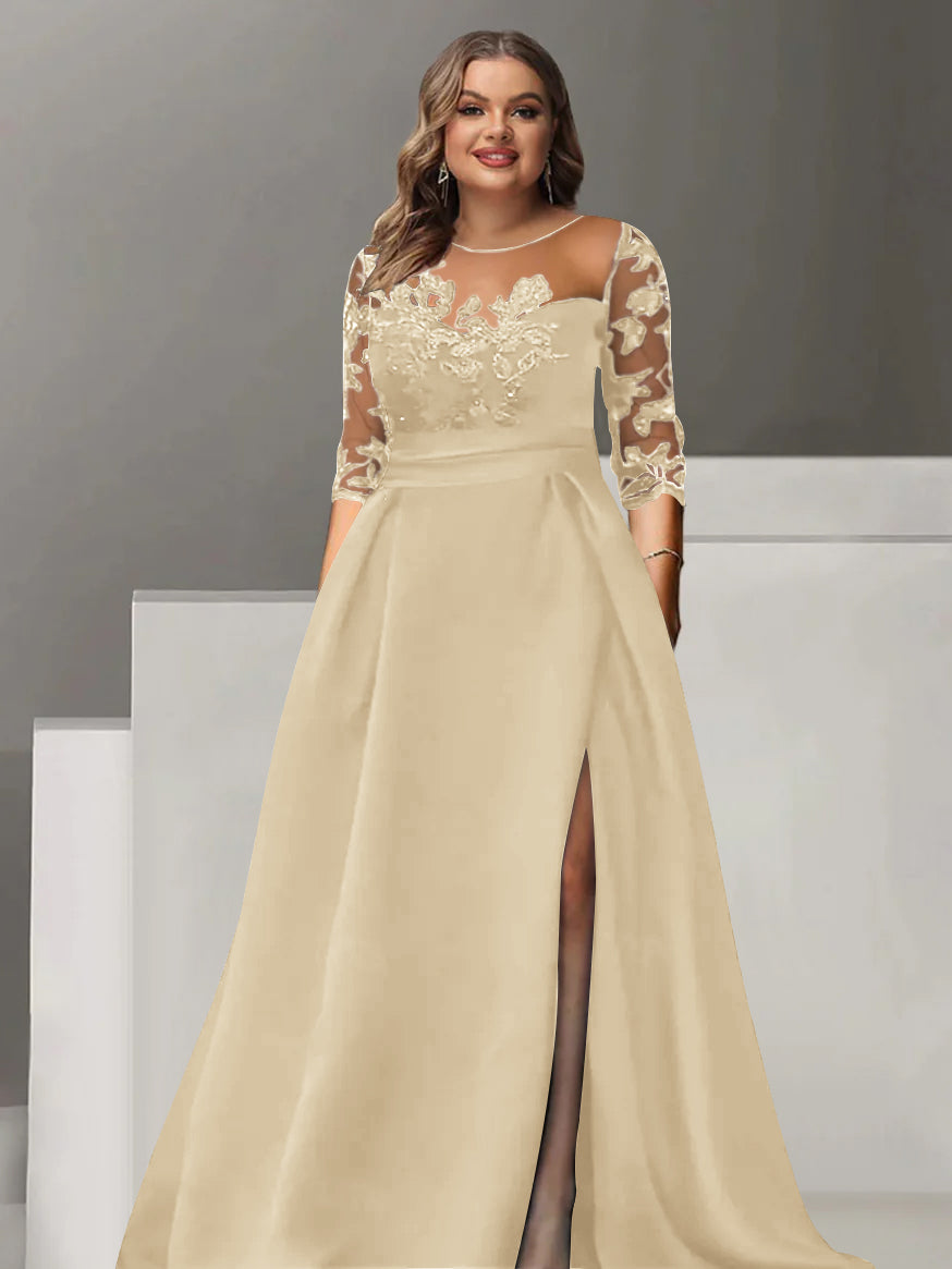 Robe de Mère de la Mariée Grande Taille, Coupe A-Line/Princess, Manches 3/4, Longueur Au Sol, avec Dentelle et Fente Sur le Côté