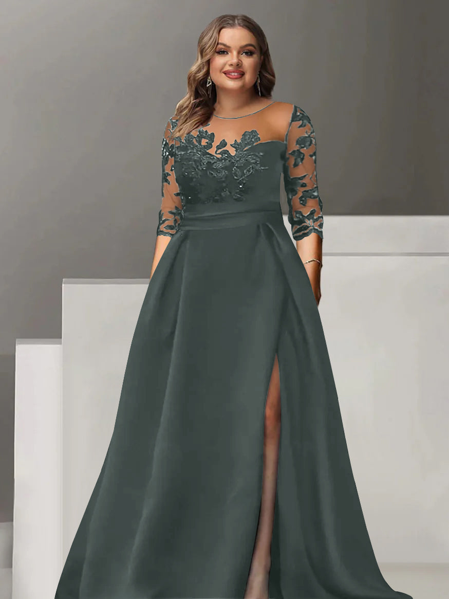 Robe de Mère de la Mariée Grande Taille, Coupe A-Line/Princess, Manches 3/4, Longueur Au Sol, avec Dentelle et Fente Sur le Côté