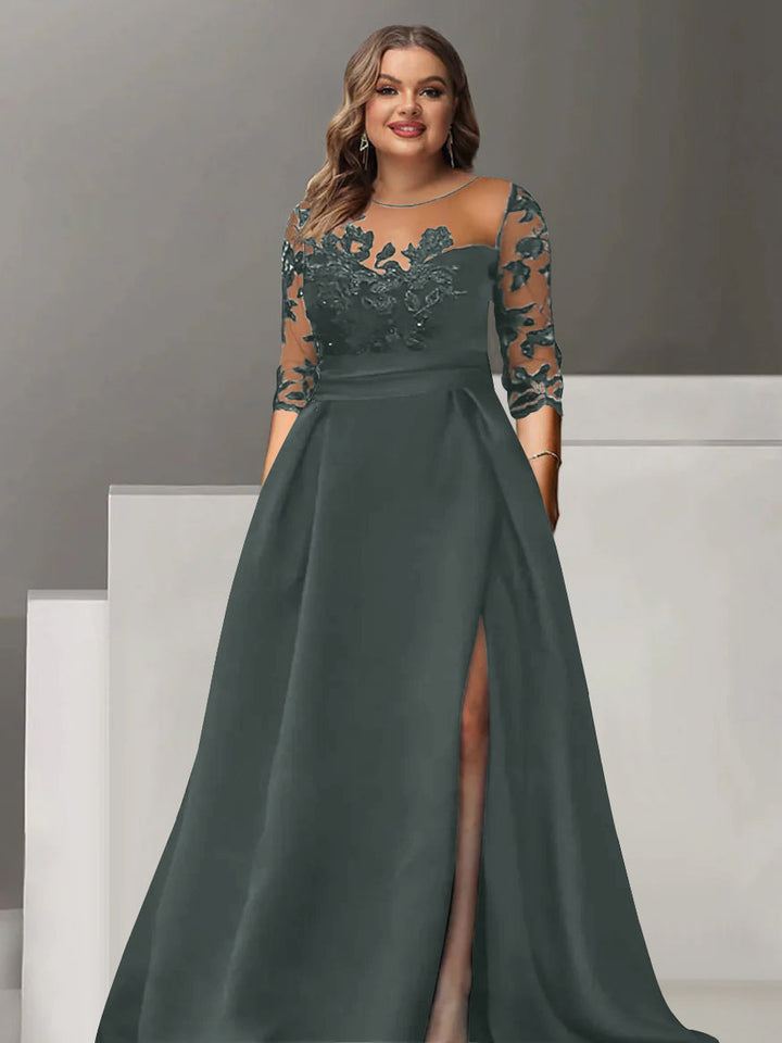Robe de Mère de la Mariée Grande Taille, Coupe A-Line/Princess, Manches 3/4, Longueur Au Sol, avec Dentelle et Fente Sur le Côté