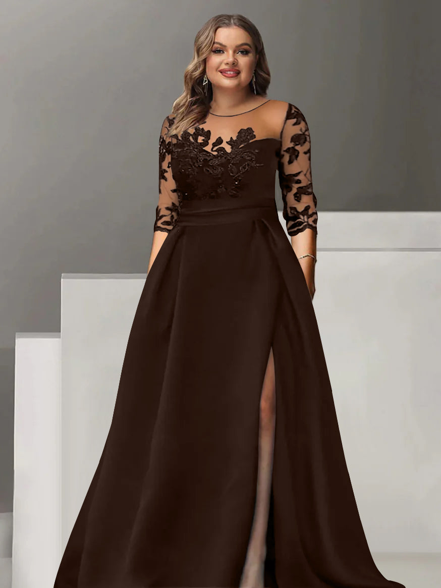 Robe de Mère de la Mariée Grande Taille, Coupe A-Line/Princess, Manches 3/4, Longueur Au Sol, avec Dentelle et Fente Sur le Côté