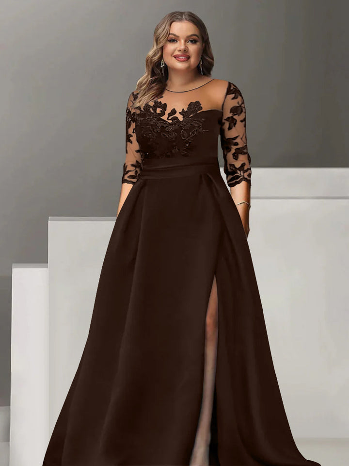 Robe de Mère de la Mariée Grande Taille, Coupe A-Line/Princess, Manches 3/4, Longueur Au Sol, avec Dentelle et Fente Sur le Côté
