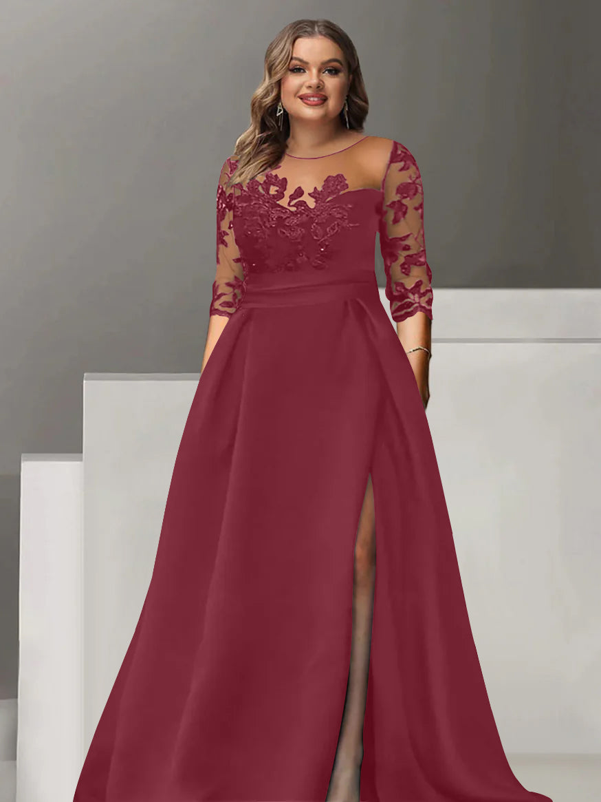 Robe de Mère de la Mariée Grande Taille, Coupe A-Line/Princess, Manches 3/4, Longueur Au Sol, avec Dentelle et Fente Sur le Côté