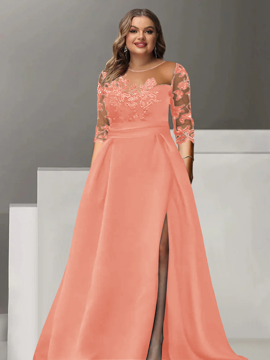 Robe de Mère de la Mariée Grande Taille, Coupe A-Line/Princess, Manches 3/4, Longueur Au Sol, avec Dentelle et Fente Sur le Côté