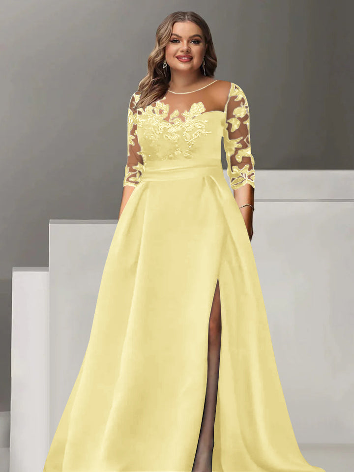 Robe de Mère de la Mariée Grande Taille, Coupe A-Line/Princess, Manches 3/4, Longueur Au Sol, avec Dentelle et Fente Sur le Côté