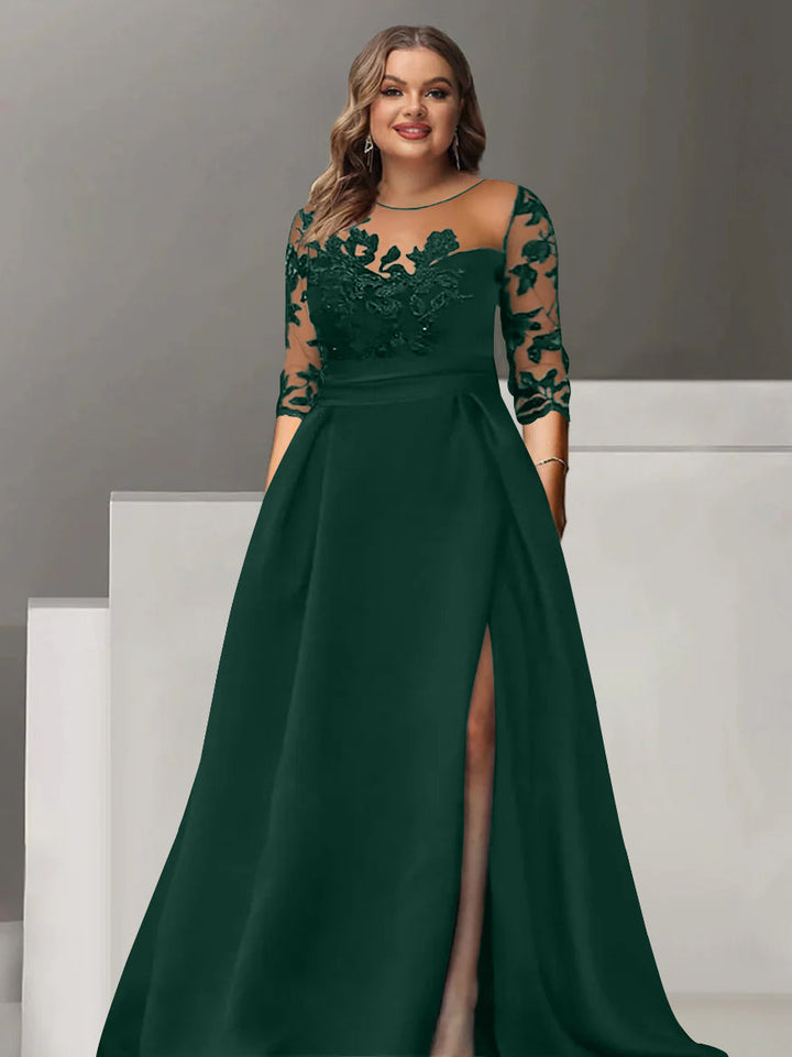 Robe de Mère de la Mariée Grande Taille, Coupe A-Line/Princess, Manches 3/4, Longueur Au Sol, avec Dentelle et Fente Sur le Côté