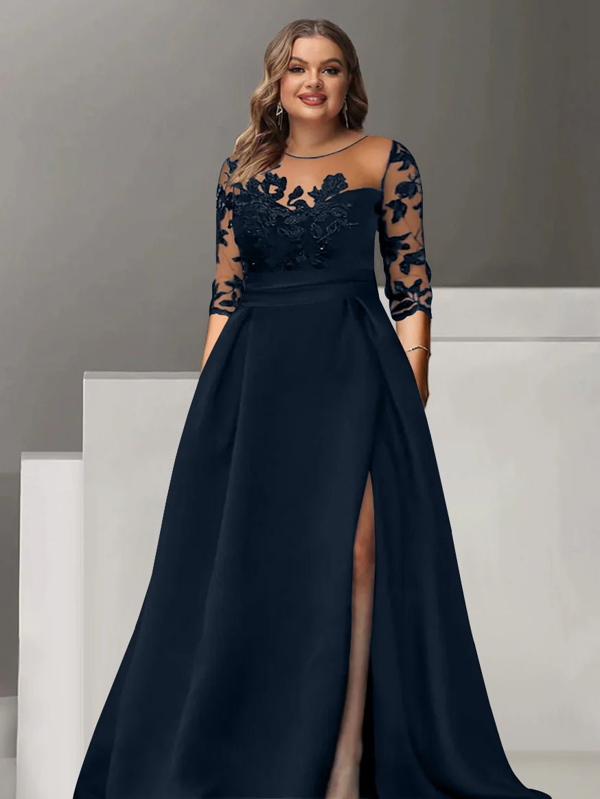 Robe de Mère de la Mariée Grande Taille, Coupe A-Line/Princess, Manches 3/4, Longueur Au Sol, avec Dentelle et Fente Sur le Côté