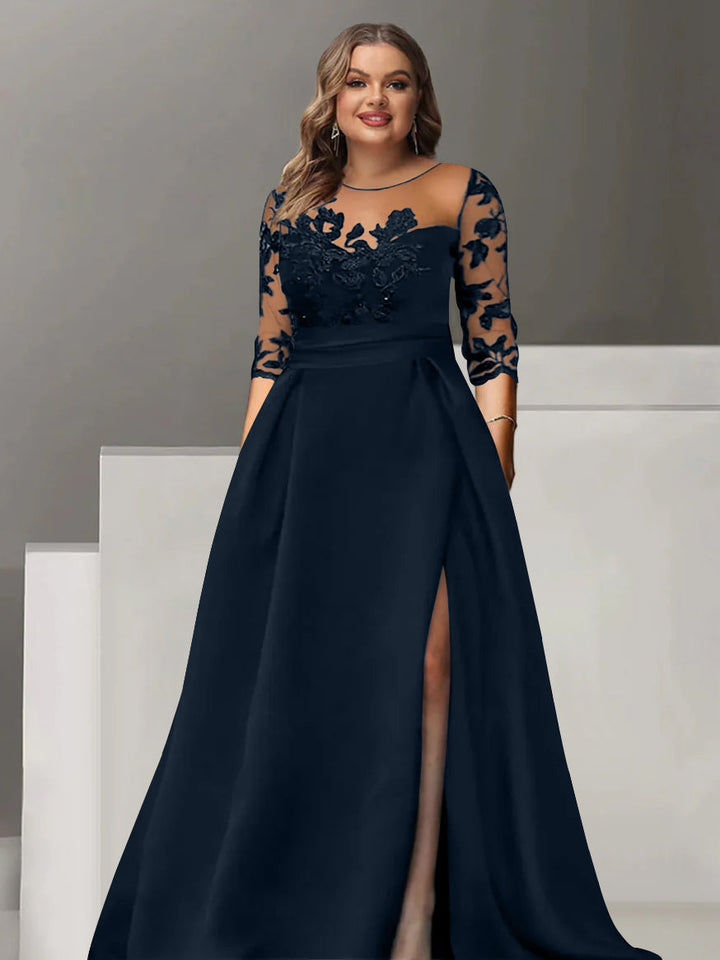 Robe de Mère de la Mariée Grande Taille, Coupe A-Line/Princess, Manches 3/4, Longueur Au Sol, avec Dentelle et Fente Sur le Côté
