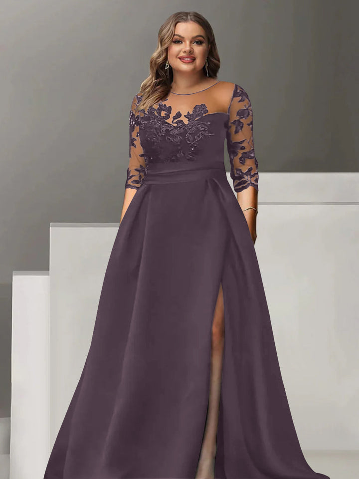 Robe de Mère de la Mariée Grande Taille, Coupe A-Line/Princess, Manches 3/4, Longueur Au Sol, avec Dentelle et Fente Sur le Côté