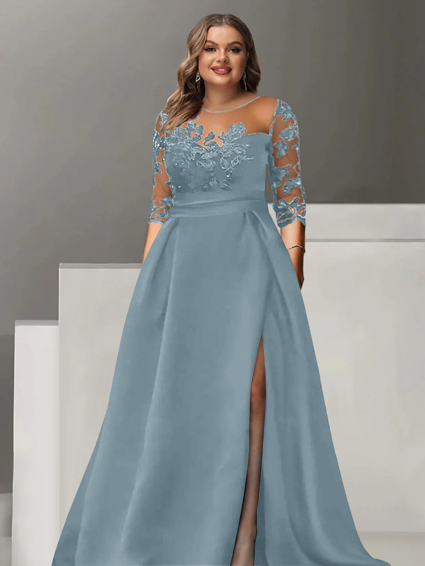 Robe de Mère de la Mariée Grande Taille, Coupe A-Line/Princess, Manches 3/4, Longueur Au Sol, avec Dentelle et Fente Sur le Côté
