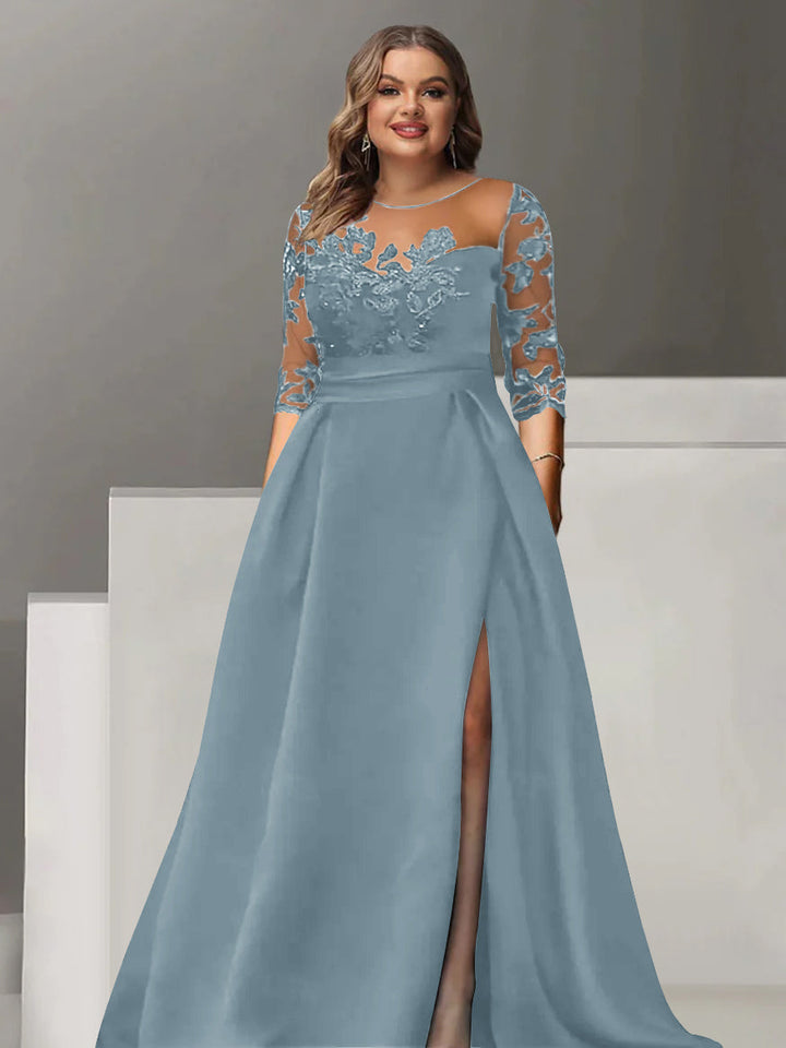 Robe de Mère de la Mariée Grande Taille, Coupe A-Line/Princess, Manches 3/4, Longueur Au Sol, avec Dentelle et Fente Sur le Côté
