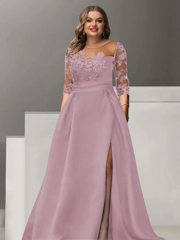 Robe de Mère de la Mariée Grande Taille, Coupe A-Line/Princess, Manches 3/4, Longueur Au Sol, avec Dentelle et Fente Sur le Côté