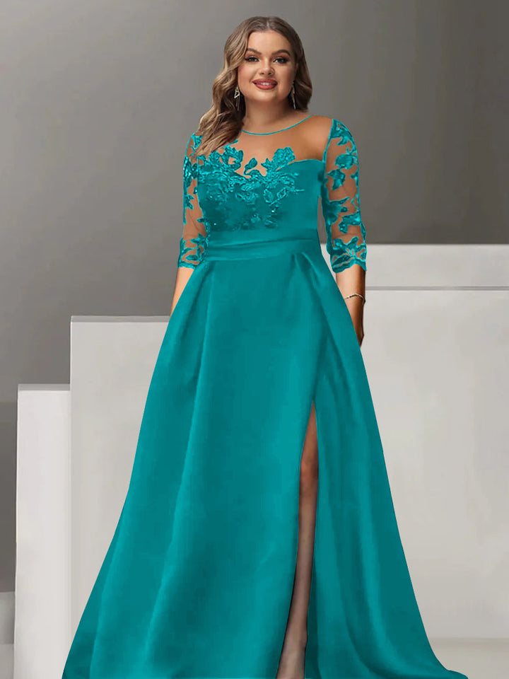 Robe de Mère de la Mariée Grande Taille, Coupe A-Line/Princess, Manches 3/4, Longueur Au Sol, avec Dentelle et Fente Sur le Côté