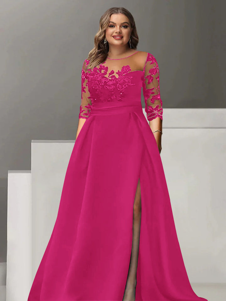 Robe de Mère de la Mariée Grande Taille, Coupe A-Line/Princess, Manches 3/4, Longueur Au Sol, avec Dentelle et Fente Sur le Côté