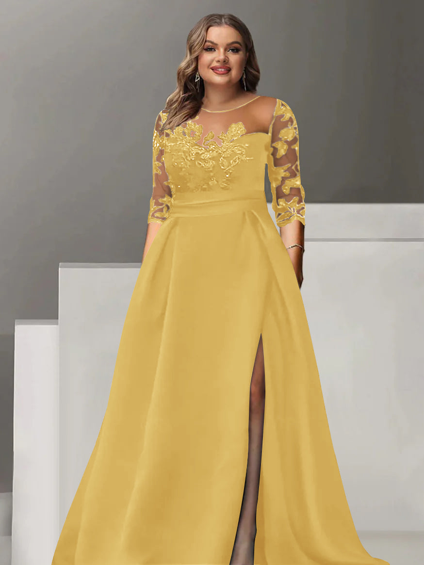 Robe de Mère de la Mariée Grande Taille, Coupe A-Line/Princess, Manches 3/4, Longueur Au Sol, avec Dentelle et Fente Sur le Côté