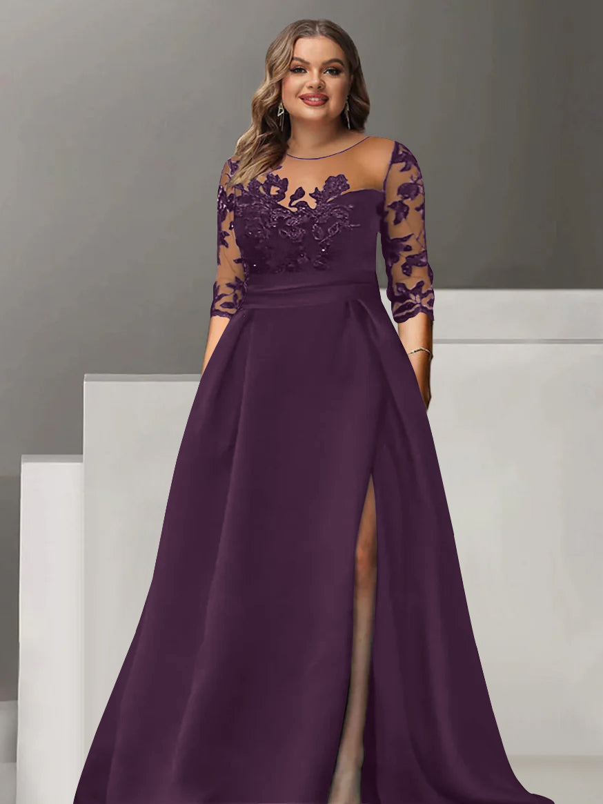 Robe de Mère de la Mariée Grande Taille, Coupe A-Line/Princess, Manches 3/4, Longueur Au Sol, avec Dentelle et Fente Sur le Côté