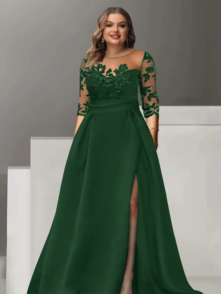 Robe de Mère de la Mariée Grande Taille, Coupe A-Line/Princess, Manches 3/4, Longueur Au Sol, avec Dentelle et Fente Sur le Côté