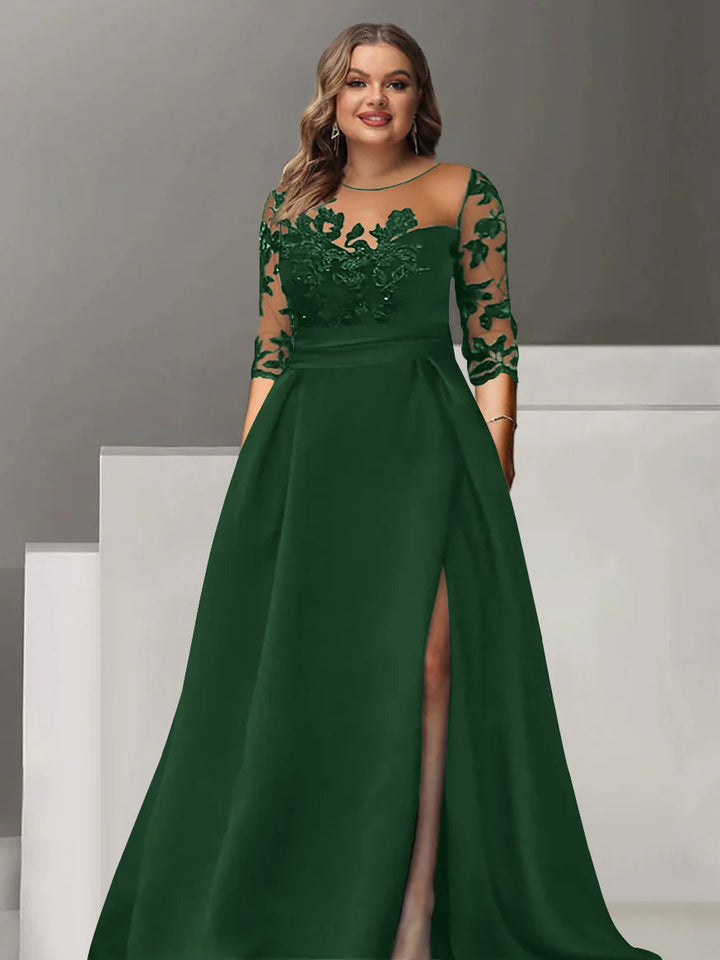 Robe de Mère de la Mariée Grande Taille, Coupe A-Line/Princess, Manches 3/4, Longueur Au Sol, avec Dentelle et Fente Sur le Côté