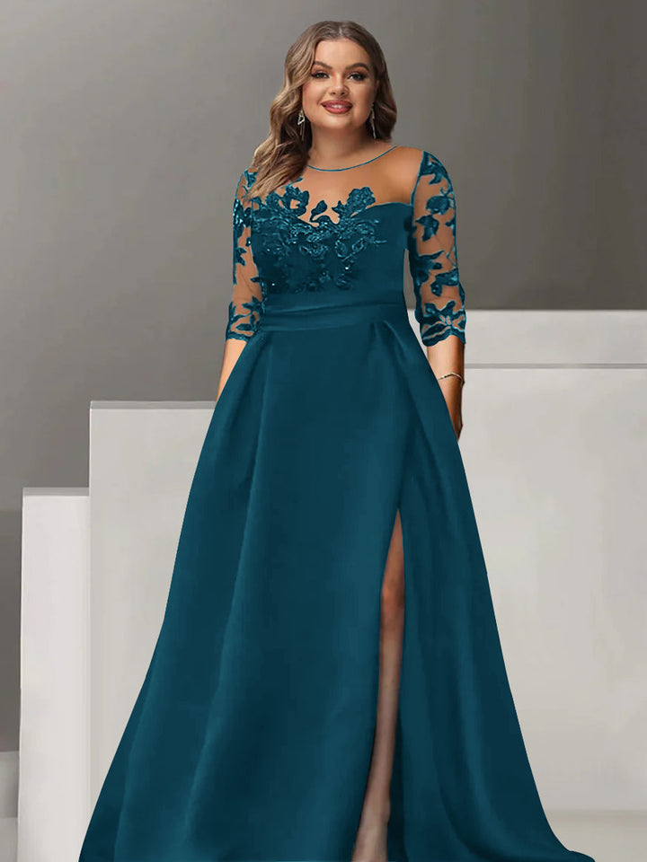 Robe de Mère de la Mariée Grande Taille, Coupe A-Line/Princess, Manches 3/4, Longueur Au Sol, avec Dentelle et Fente Sur le Côté