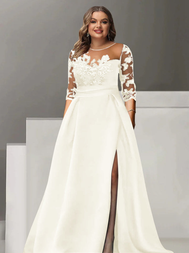 Robe de Mère de la Mariée Grande Taille, Coupe A-Line/Princess, Manches 3/4, Longueur Au Sol, avec Dentelle et Fente Sur le Côté