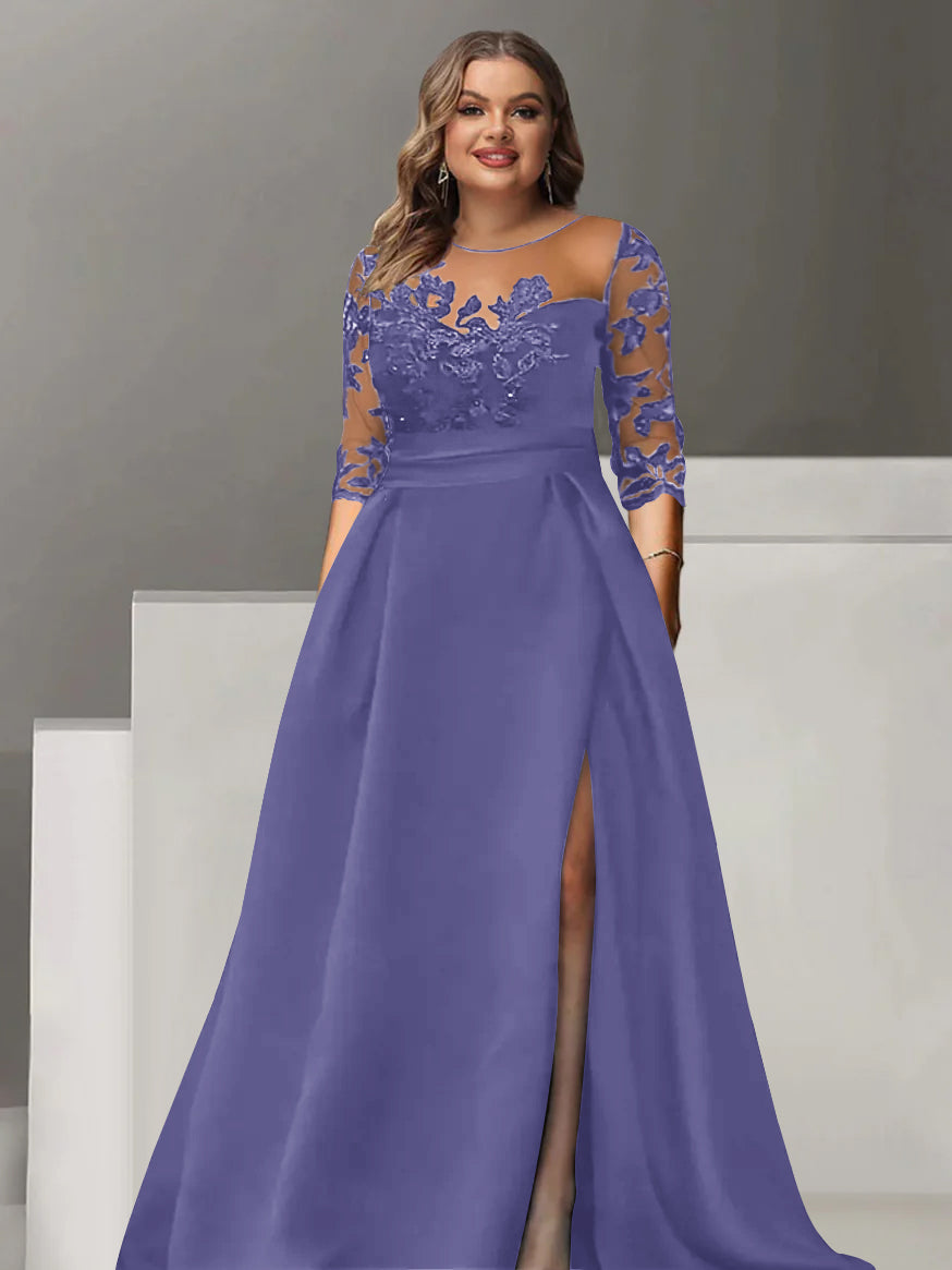 Robe de Mère de la Mariée Grande Taille, Coupe A-Line/Princess, Manches 3/4, Longueur Au Sol, avec Dentelle et Fente Sur le Côté