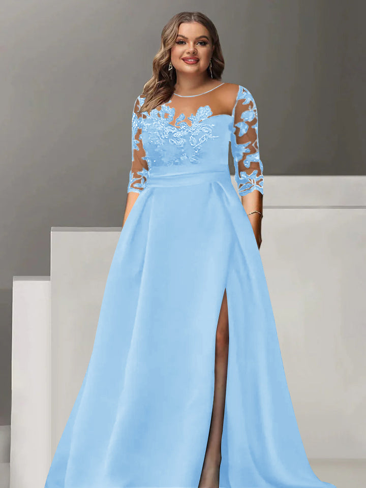 Robe de Mère de la Mariée Grande Taille, Coupe A-Line/Princess, Manches 3/4, Longueur Au Sol, avec Dentelle et Fente Sur le Côté
