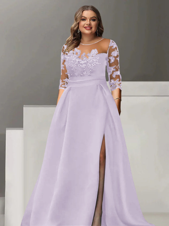 Robe de Mère de la Mariée Grande Taille, Coupe A-Line/Princess, Manches 3/4, Longueur Au Sol, avec Dentelle et Fente Sur le Côté