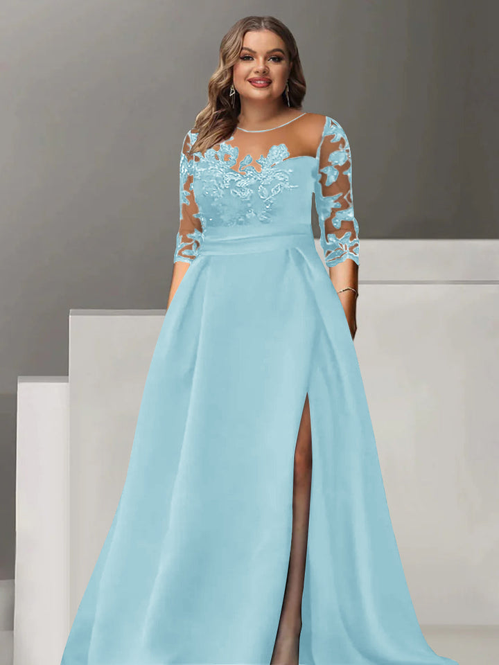 Robe de Mère de la Mariée Grande Taille, Coupe A-Line/Princess, Manches 3/4, Longueur Au Sol, avec Dentelle et Fente Sur le Côté