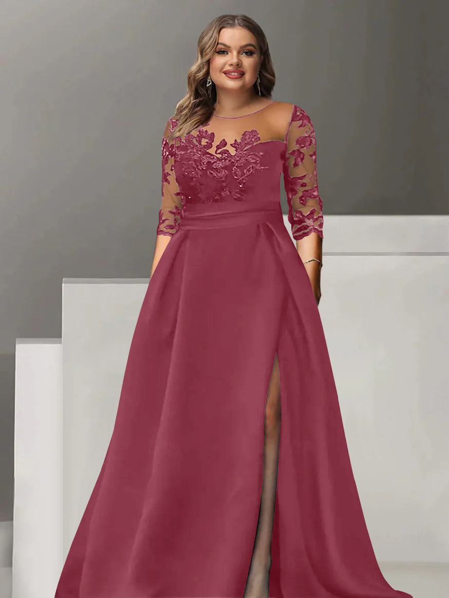 Robe de Mère de la Mariée Grande Taille, Coupe A-Line/Princess, Manches 3/4, Longueur Au Sol, avec Dentelle et Fente Sur le Côté