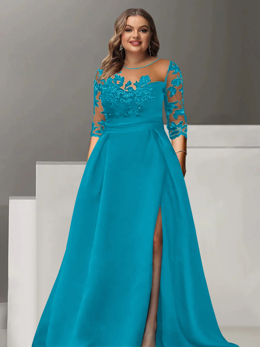 Robe de Mère de la Mariée Grande Taille, Coupe A-Line/Princess, Manches 3/4, Longueur Au Sol, avec Dentelle et Fente Sur le Côté