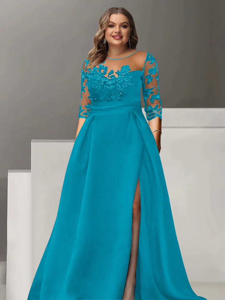Robe de Mère de la Mariée Grande Taille, Coupe A-Line/Princess, Manches 3/4, Longueur Au Sol, avec Dentelle et Fente Sur le Côté