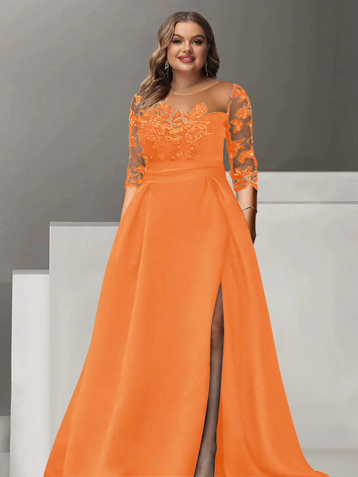 Robe de Mère de la Mariée Grande Taille, Coupe A-Line/Princess, Manches 3/4, Longueur Au Sol, avec Dentelle et Fente Sur le Côté
