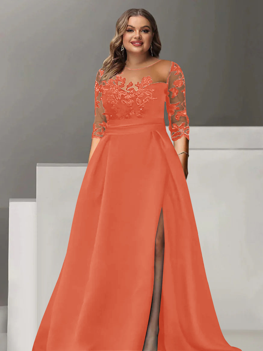 Robe de Mère de la Mariée Grande Taille, Coupe A-Line/Princess, Manches 3/4, Longueur Au Sol, avec Dentelle et Fente Sur le Côté