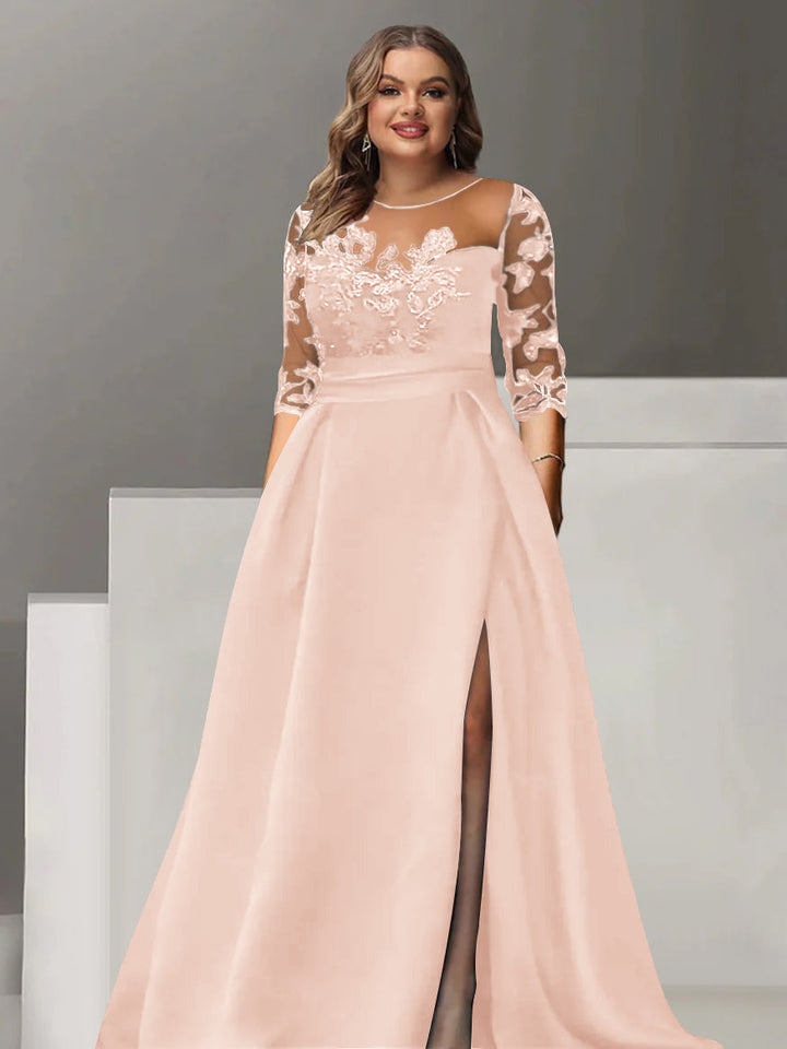 Robe de Mère de la Mariée Grande Taille, Coupe A-Line/Princess, Manches 3/4, Longueur Au Sol, avec Dentelle et Fente Sur le Côté