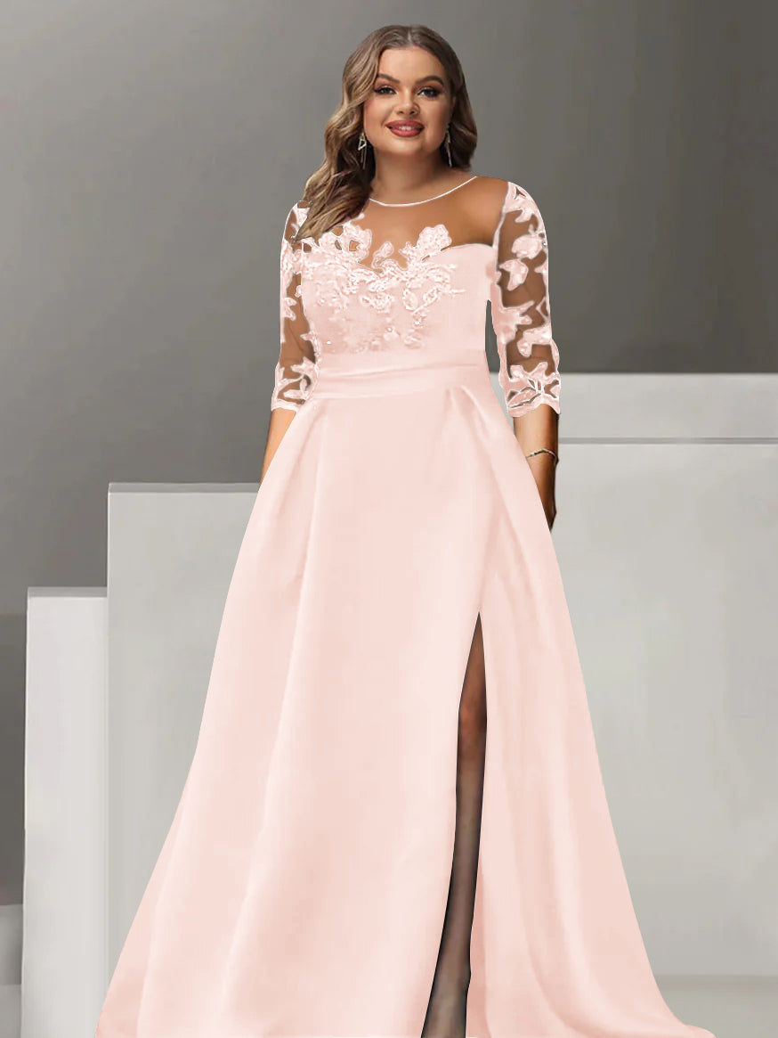Robe de Mère de la Mariée Grande Taille, Coupe A-Line/Princess, Manches 3/4, Longueur Au Sol, avec Dentelle et Fente Sur le Côté