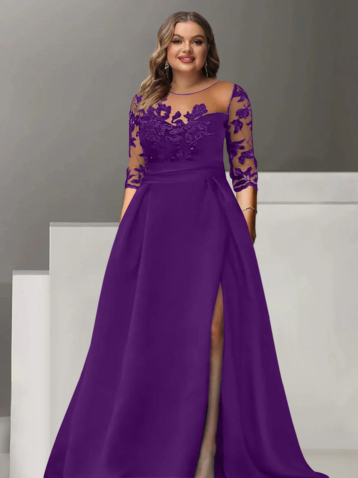 Robe de Mère de la Mariée Grande Taille, Coupe A-Line/Princess, Manches 3/4, Longueur Au Sol, avec Dentelle et Fente Sur le Côté