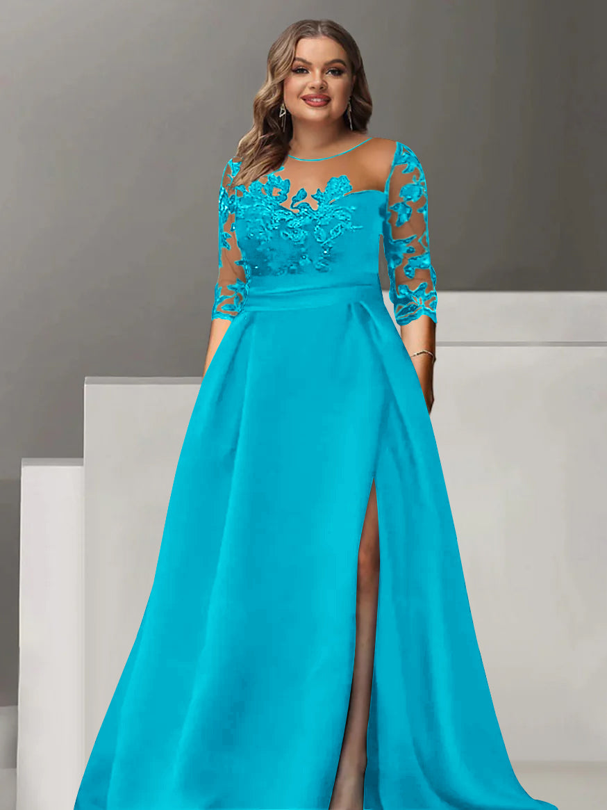 Robe de Mère de la Mariée Grande Taille, Coupe A-Line/Princess, Manches 3/4, Longueur Au Sol, avec Dentelle et Fente Sur le Côté