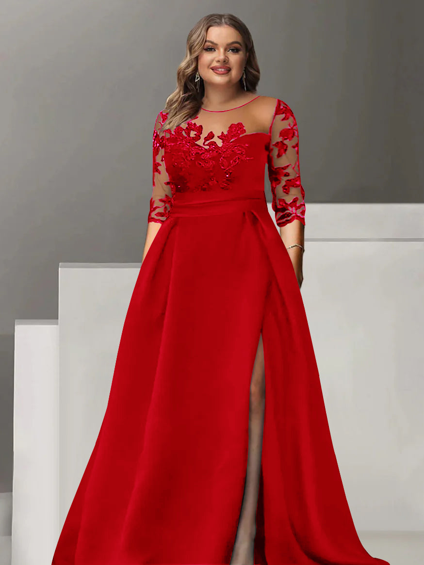 Robe de Mère de la Mariée Grande Taille, Coupe A-Line/Princess, Manches 3/4, Longueur Au Sol, avec Dentelle et Fente Sur le Côté